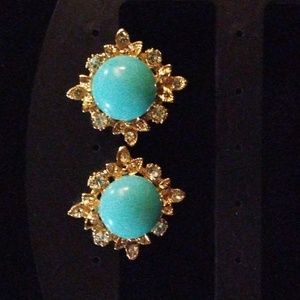 Teal Diamond Shaped w/ Gold Leaves & Clear Iridescent Stoned Earrings